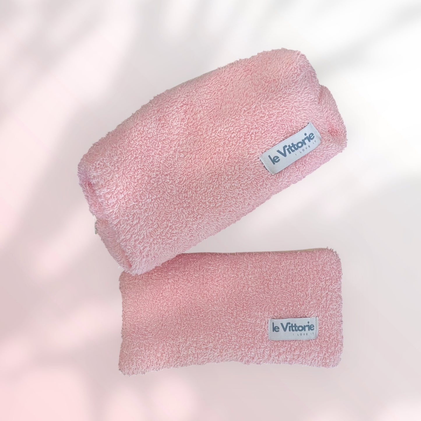 Beauty case spugna rosa pastello con astuccio abbinato