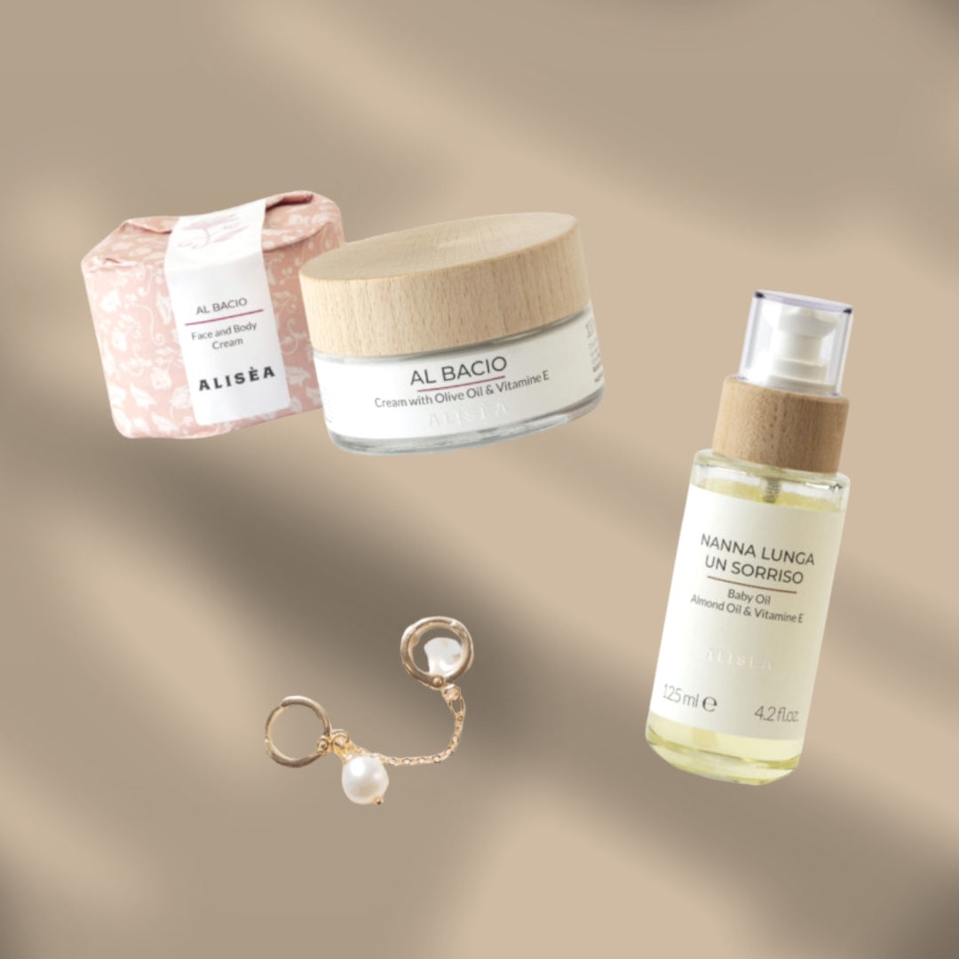 Box sapone crema viso, olio nutriente per il corpo e monorecchino con pietra naturale in regalo