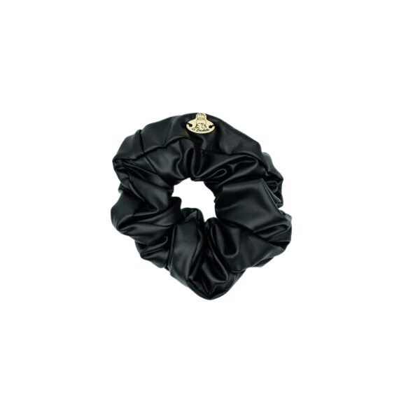 Scrunchie in ecopelle nero, scrunchie in velluto ottanio e due anelli da mignolo in regalo