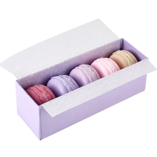 Box saponetta macaron ai gusti crema, fragola, frutti di bosco, mirtillo e lampone